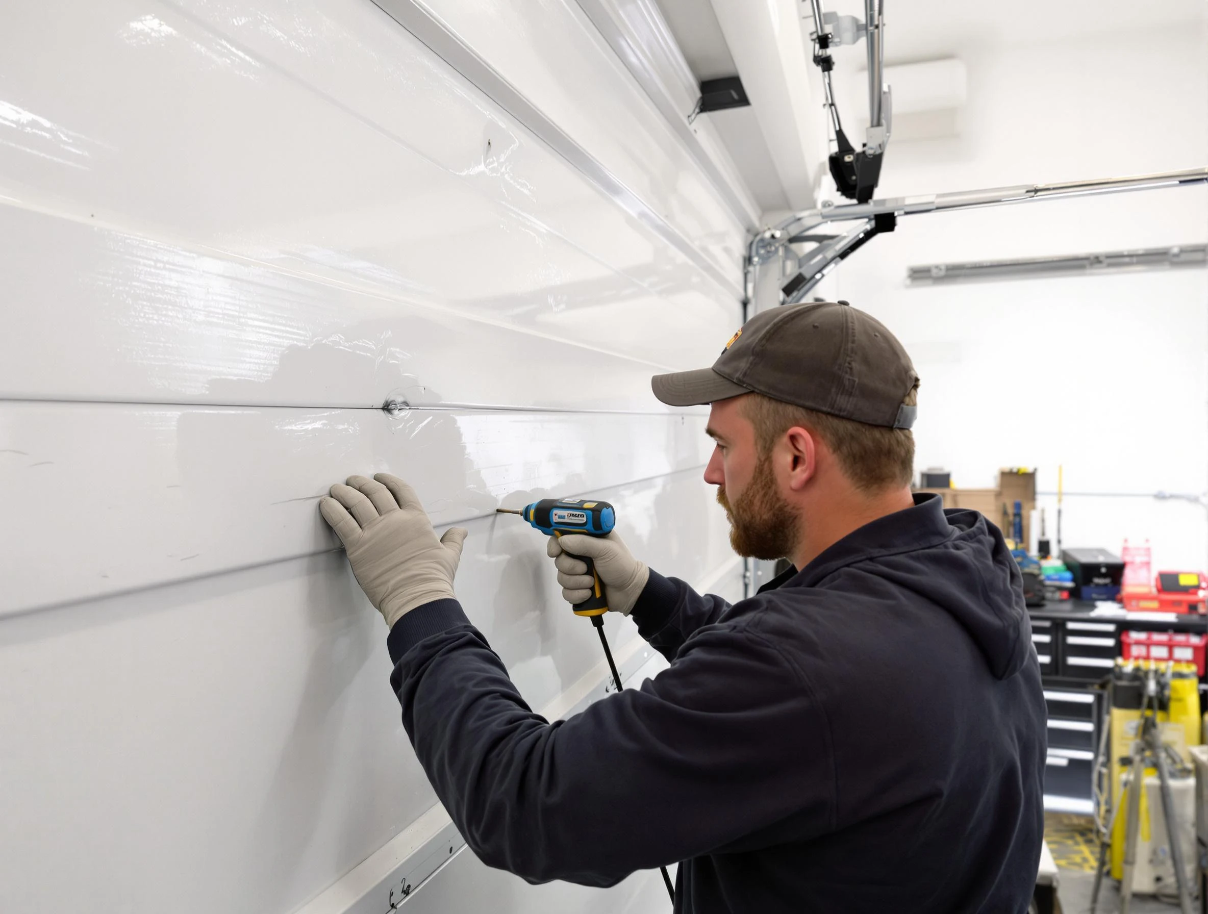 North Andover Garage Door Repair technician demonstrating precision dent removal techniques on a North Andover garage door